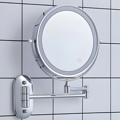 LED wall mirror with chrome frame and magnifying mirror