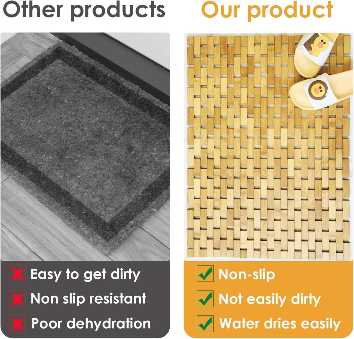 BowLift | Bamboo Bath Mat Non-Slip Water Repellent Runner Rug For Bathroom Natural Wood Bathroom Shower Rug Non-Slip Fabric