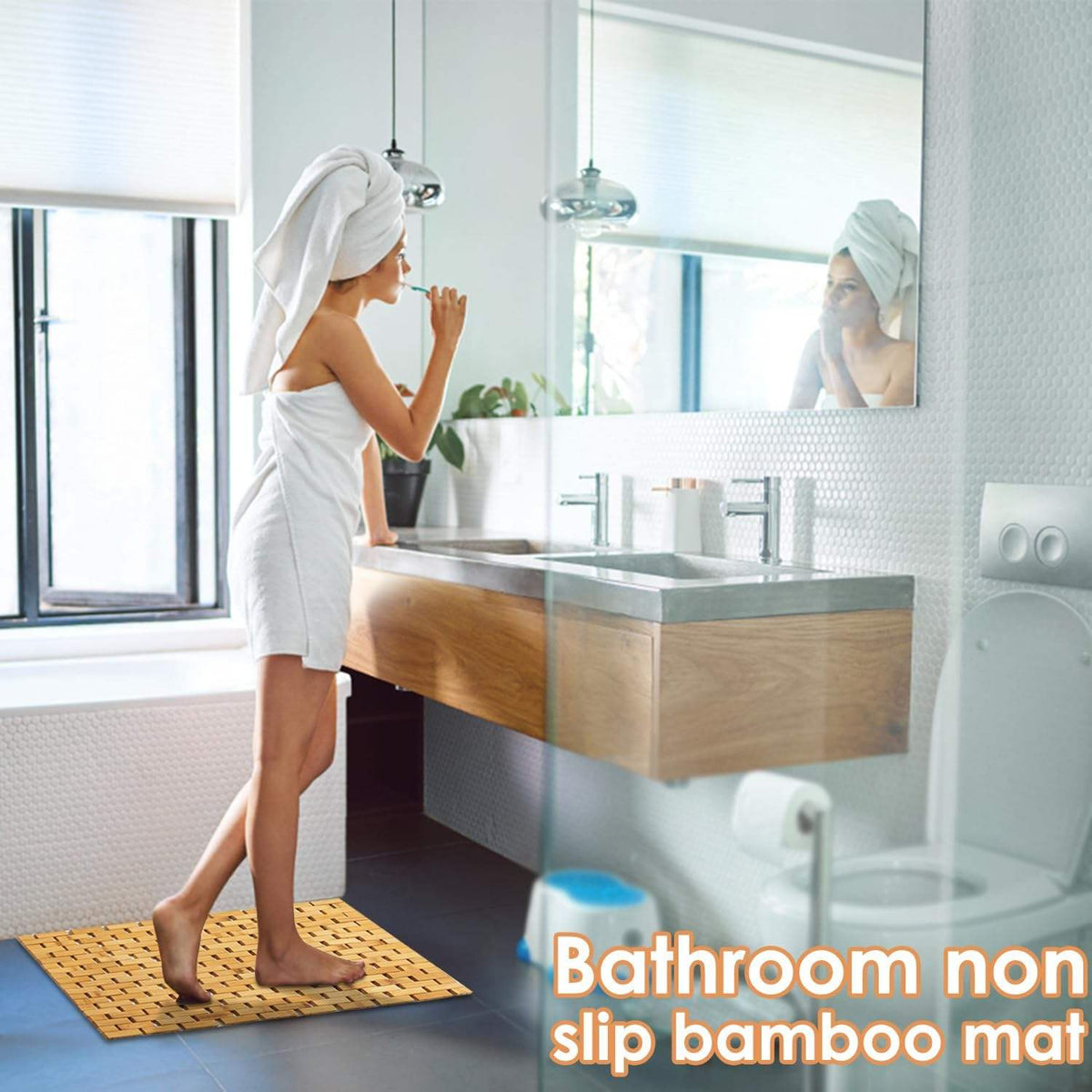 BowLift | Bamboo Bath Mat Non-Slip Water Repellent Runner Rug For Bathroom Natural Wood Bathroom Shower Rug Non-Slip Fabric