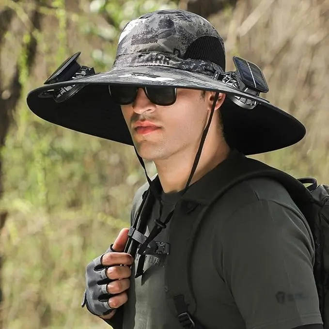Outdoor Wide Brim Sun Hat with 2 Solar Fans, UV Protection for Men & Women, Cooling Hat for Camping & Hiking | Kalsten