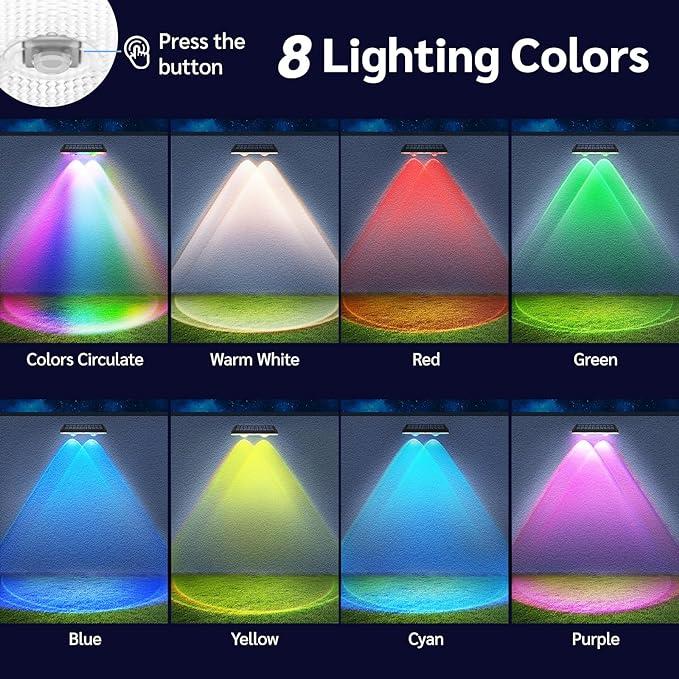 BowLift | Solar fence lights outdoor warm white & RGB changing solar deck lights, LED solar lights for outdoor wall railing terrace stairs step garden backyard
