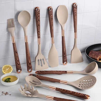 Skanto | Eleganza Cook Set – 10-Piece Silicone Kitchen Set with Wooden Handles