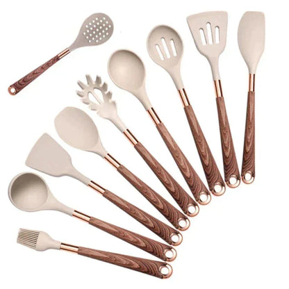 Skanto | Eleganza Cook Set – 10-Piece Silicone Kitchen Set with Wooden Handles