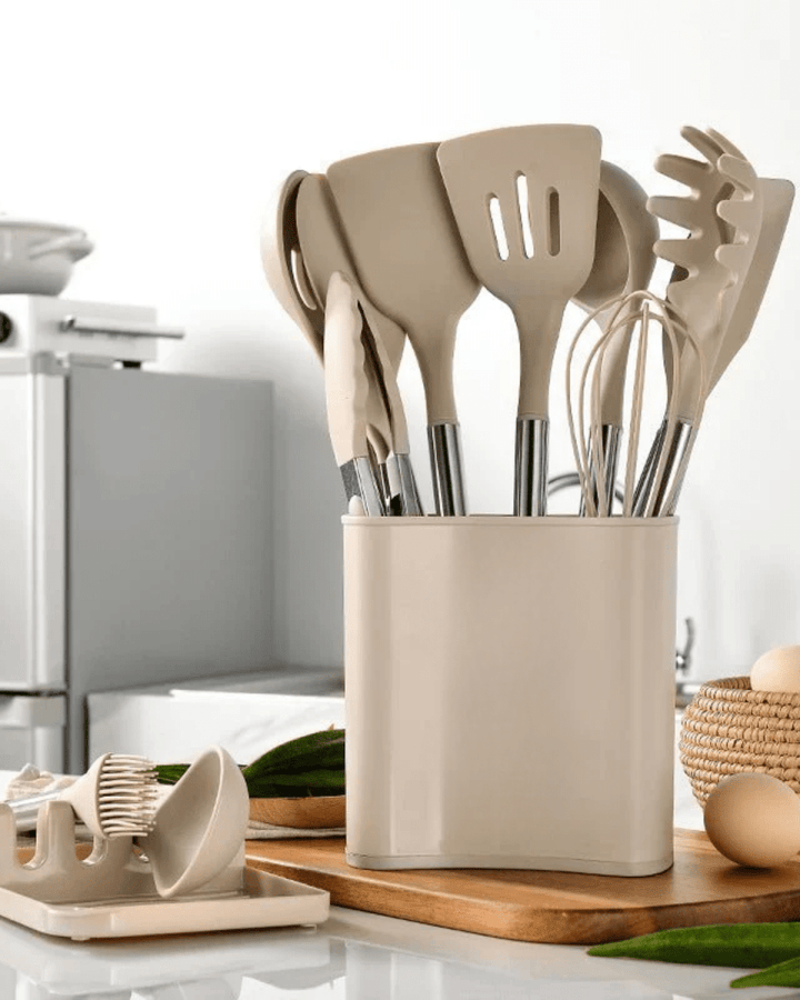 Kalsten | KITCHENORA – Complete Utensil Set with Silicone Heads & Wood-Style Handles