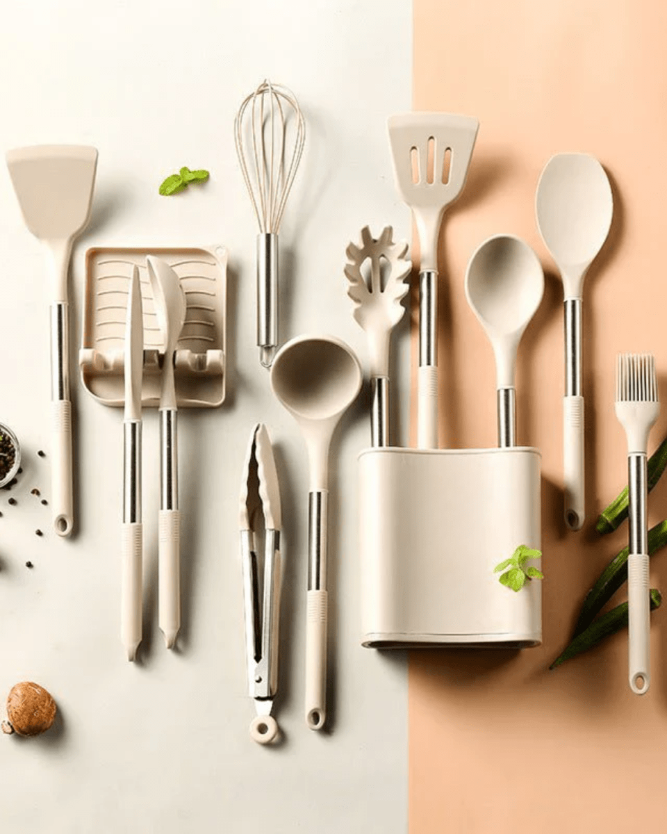 Kalsten | KITCHENORA – Complete Utensil Set with Silicone Heads & Wood-Style Handles