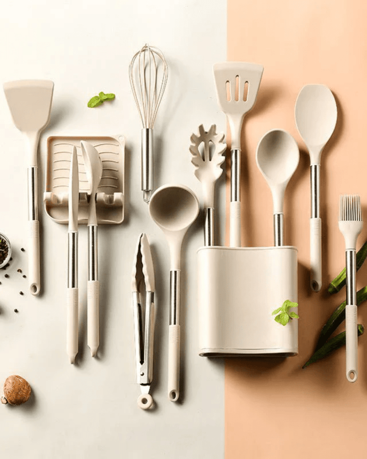 Kalsten | KITCHENORA – Complete Utensil Set with Silicone Heads & Wood-Style Handles