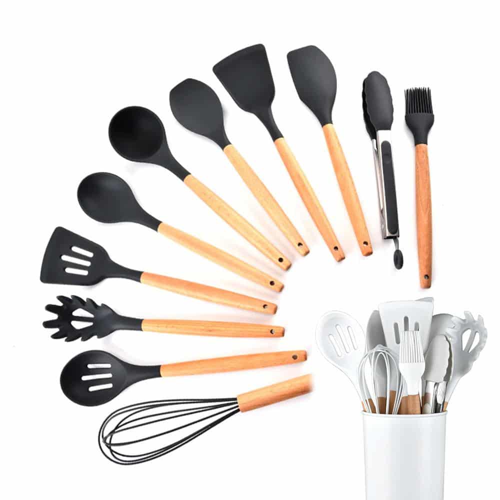 Kitchen set with 11 pieces in wood / silicone including holder (black or white) | Kalsten