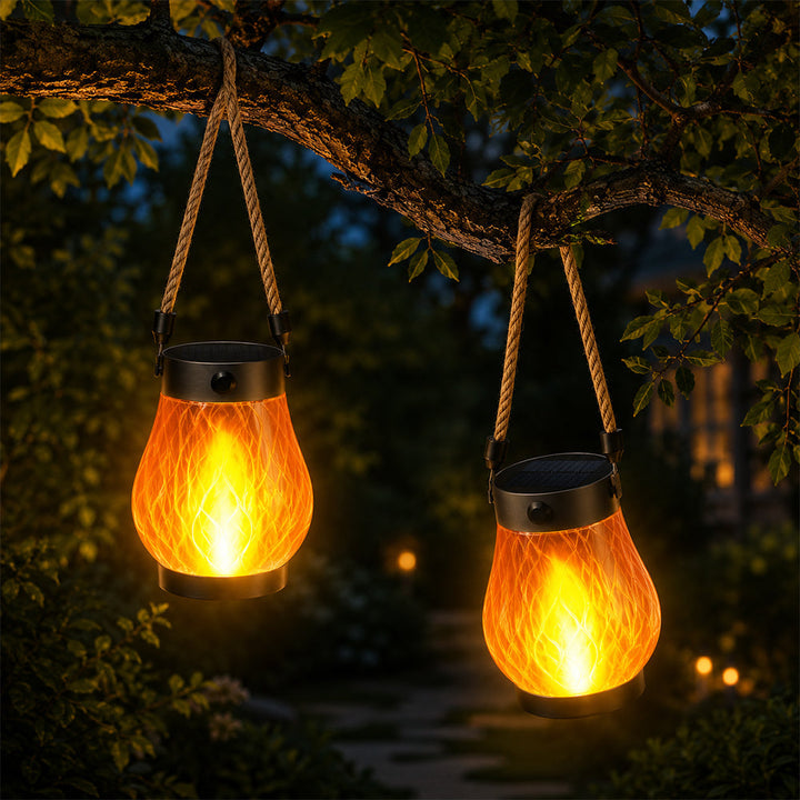 Solar Lantern Ø12 cm with Flame Effect Light and Hemp Rope | Kalsten