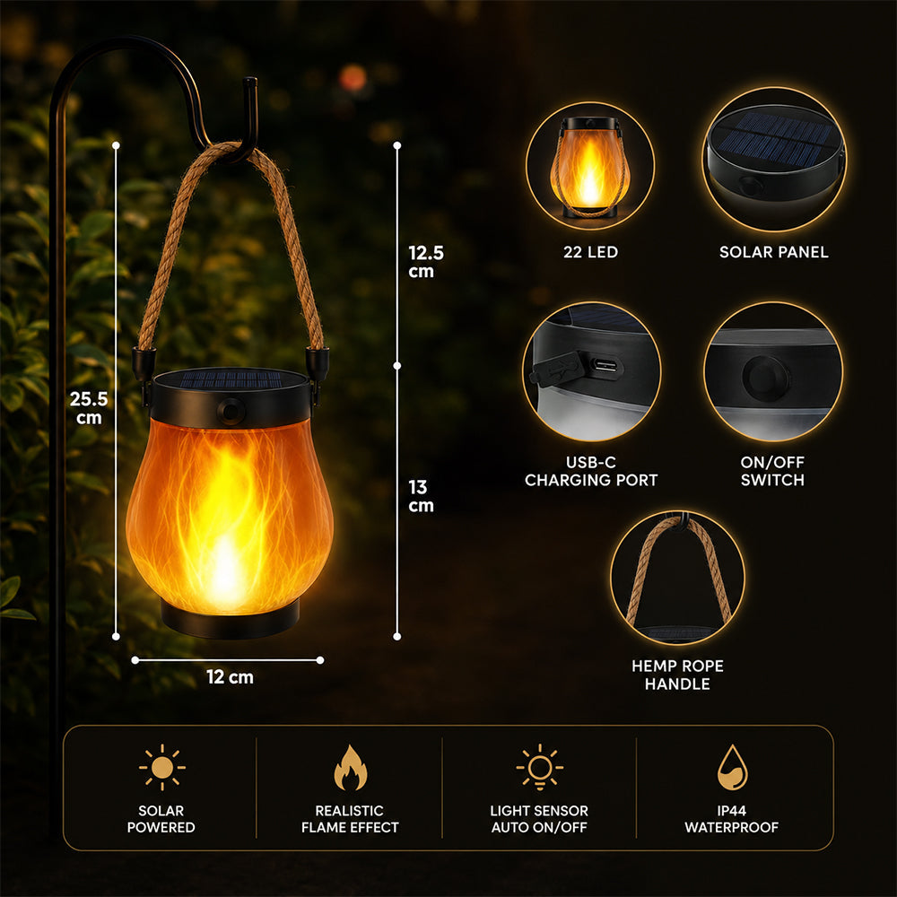 Solar Lantern Ø12 cm with Flame Effect Light and Hemp Rope | Kalsten