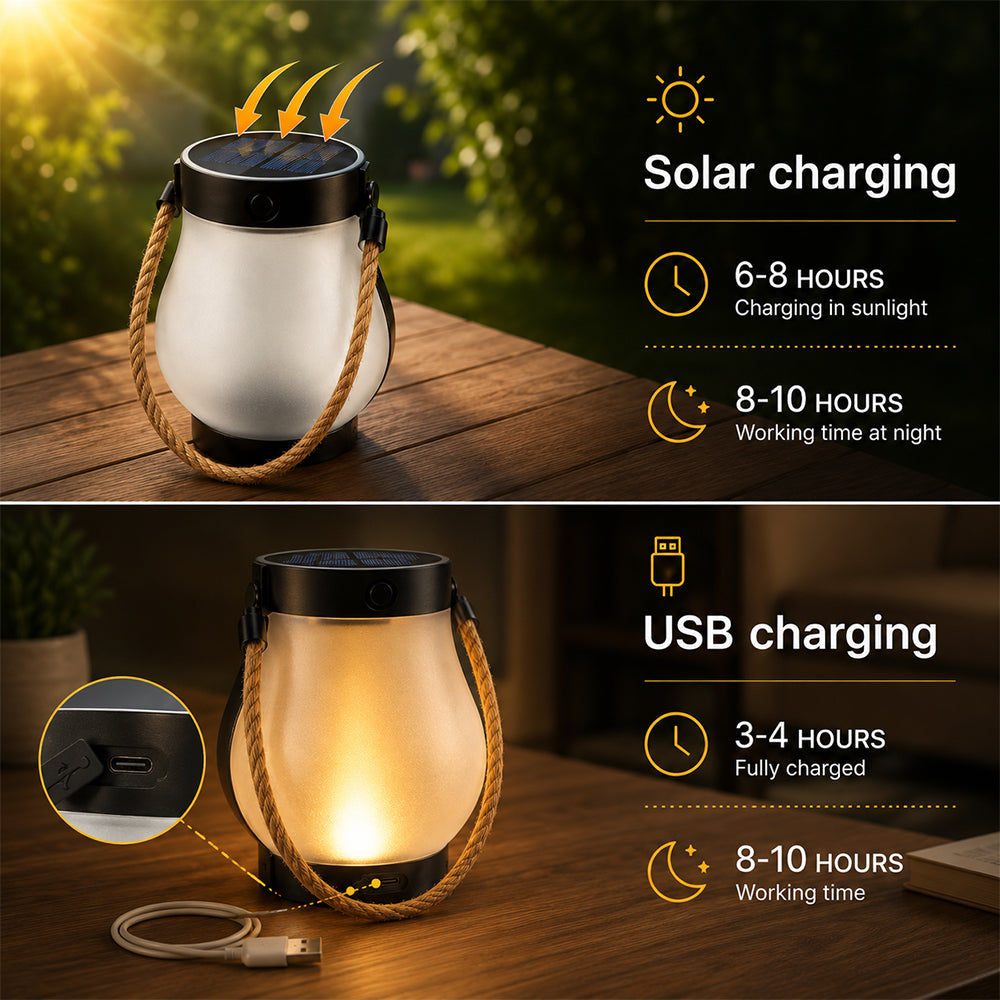 Solar Lantern Ø12 cm with Flame Effect Light and Hemp Rope | Kalsten