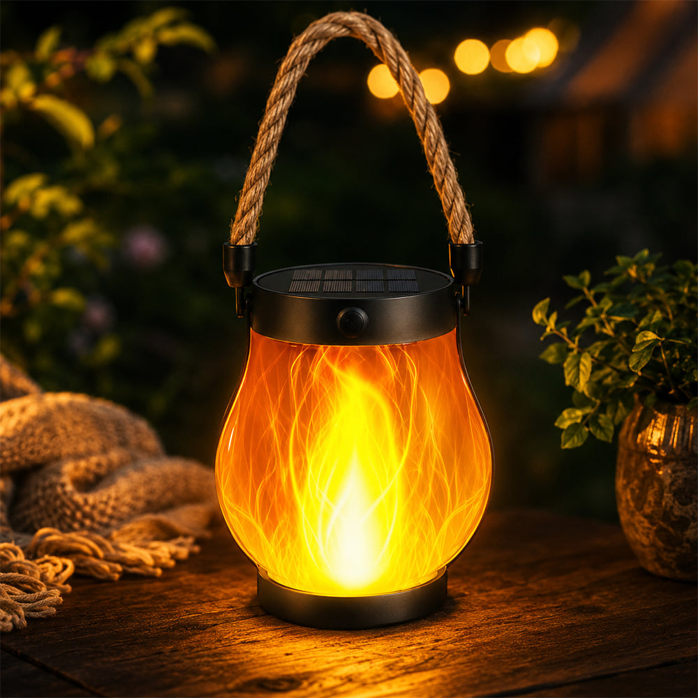 Solar Lantern Ø12 cm with Flame Effect Light and Hemp Rope | Kalsten