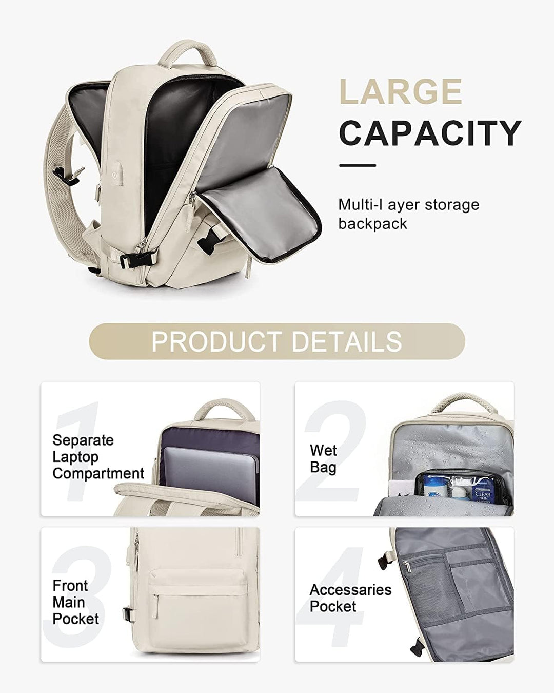 Waterproof Travel Backpack with Shoe Compartment & USB Port – 14" Laptop Fit | Kalsten