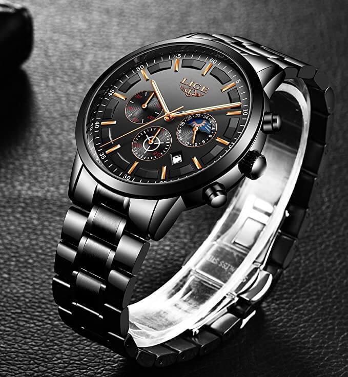 BowLift | Military Black Steel Watch – Men's Stainless Steel Wristwatch with Day, Date & Night Display