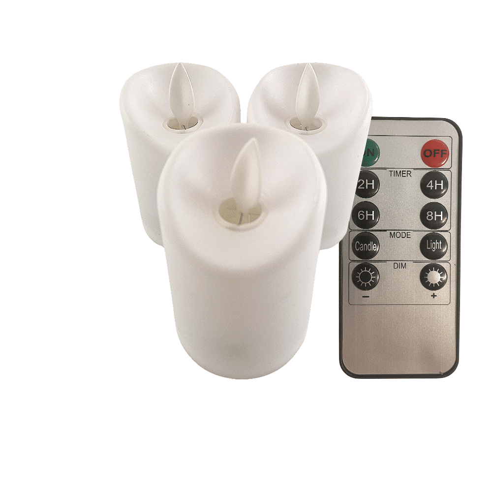 LED light white in plastic - with movable flame and remote control (3 pieces) | Kalsten