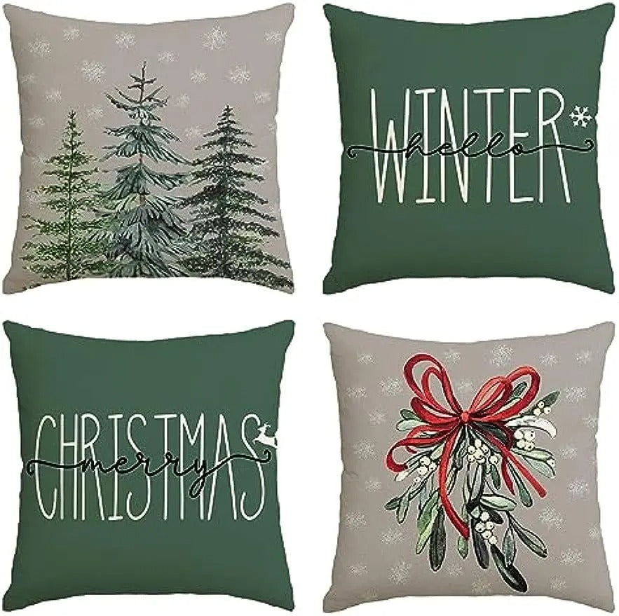Christmas Cushion Cover - Festive Cushion Cover with Christmas Tree and Winter Theme - Green 45x45 cm Kalsten