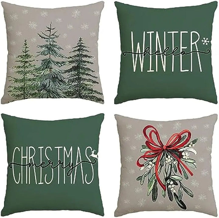 Christmas Cushion Cover - Festive Cushion Cover with Christmas Tree and Winter Theme - Green 45x45 cm Kalsten