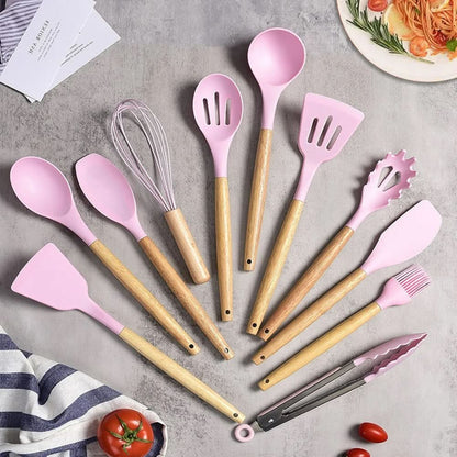 Kalsten | Non-Toxic BPA-Free Silicone Cooking Utensil Set with Wooden Handles Lattea