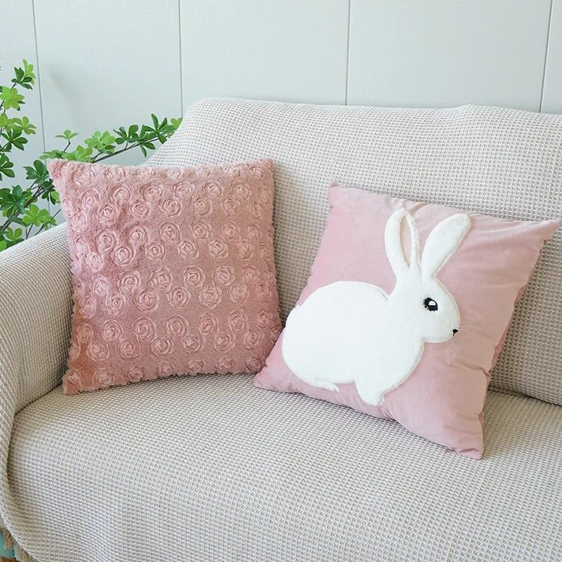 VelourVista Cushion Cover - Cute Pink Rabbit Pillow for an Enchanting Interior Kalsten