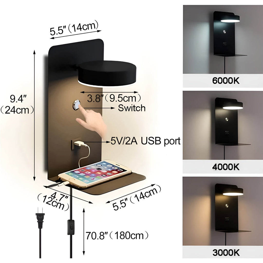 ChargeBright Luxe LED Wall Lamp with USB Charging Port - Modern Black-White Design Kalsten