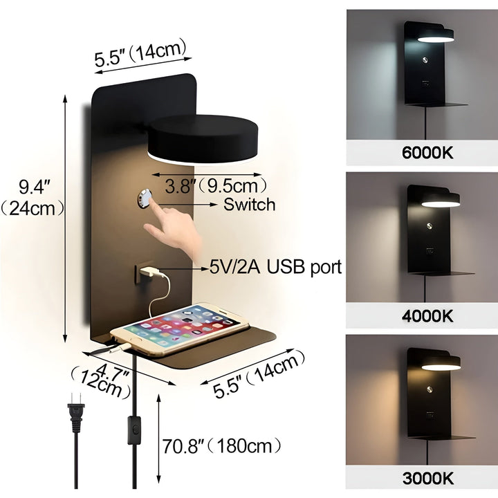 ChargeBright Luxe LED Wall Lamp with USB Charging Port - Modern Black-White Design Kalsten