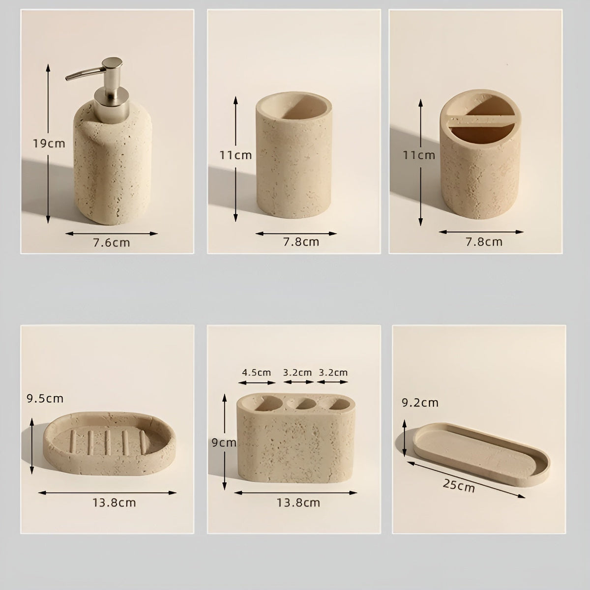 Toothbrush holder made of natural stone – with soap dispenser and tray | Elegant bathroom accessories made of travertine