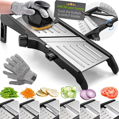 Mandoline with protective gloves for safe cutting