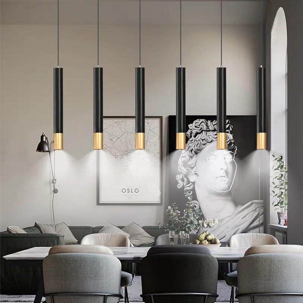 Elongated Cylinder Black and Gold Metal Shade LED Modern Pendant Light Island Hanging Lights | Kalsten