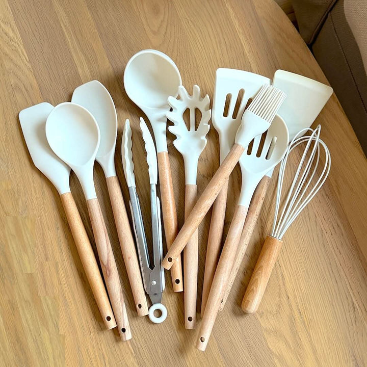 Kalsten | Non-Toxic BPA-Free Silicone Cooking Utensil Set with Wooden Handles Lattea