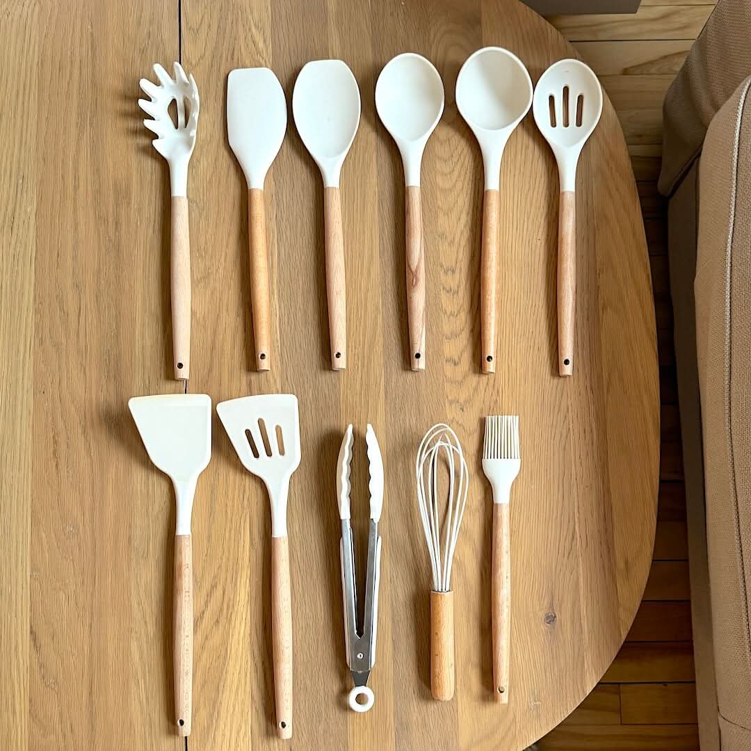 Kalsten | Non-Toxic BPA-Free Silicone Cooking Utensil Set with Wooden Handles Lattea