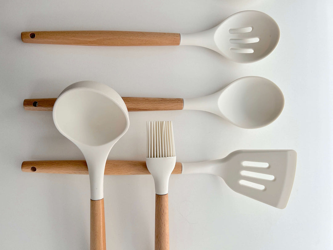Kalsten | Non-Toxic BPA-Free Silicone Cooking Utensil Set with Wooden Handles Lattea