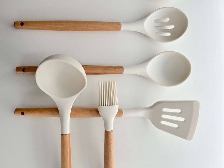 Kalsten | Non-Toxic BPA-Free Silicone Cooking Utensil Set with Wooden Handles Lattea
