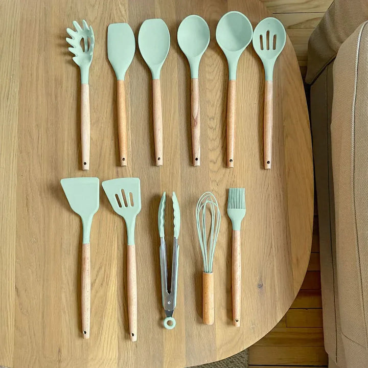 Kalsten | Non-Toxic BPA-Free Silicone Cooking Utensil Set with Wooden Handles Lattea