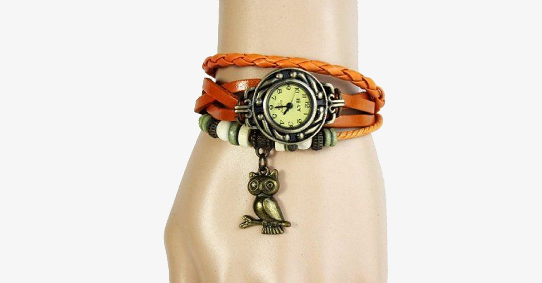 Kalsten | Owl Vintage Wrap Watch with Boho-Chic Style Bracelet - Woven cuff-style bracelet watch for a funky look!