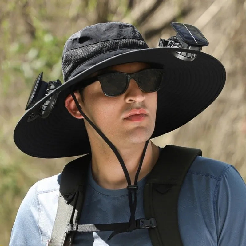 Solar Powered Fan Sun Hat | Wide Brim UV Shade + Instant Cooling Airflow | No Batteries Needed | Outdoor Work, Hiking & Fishing | Black/Camo | Kalsten