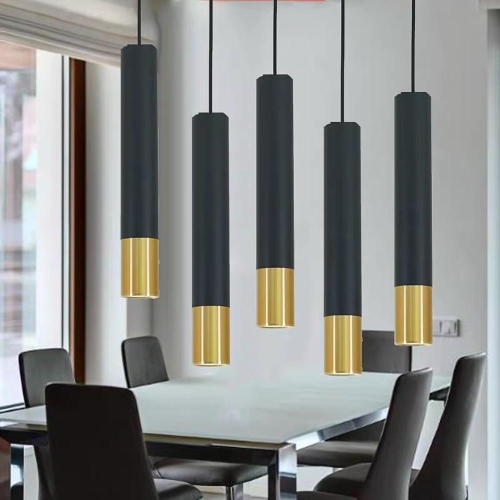 Elongated Cylinder Black and Gold Metal Shade LED Modern Pendant Light Island Hanging Lights | Kalsten