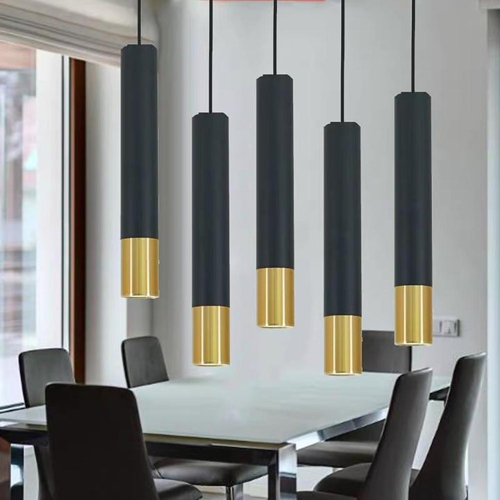 Elongated Cylinder Black and Gold Metal Shade LED Modern Pendant Light Island Hanging Lights | Kalsten
