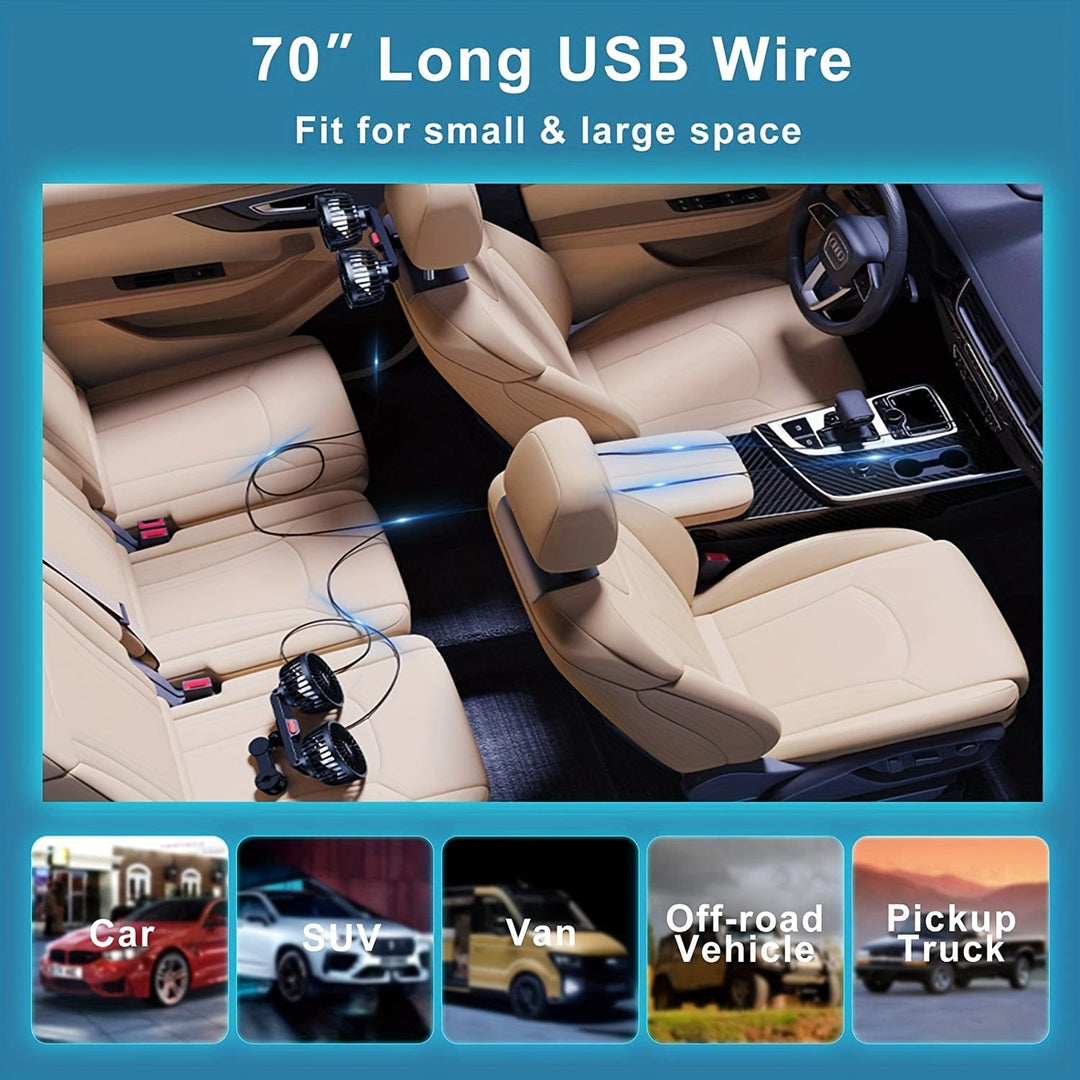 1pc Car Fan, Car Small Air Conditioner, Double-headed Rear Fan, Strong Wind, 360 Degrees Rotation, Large Air Volume, Subwoofer Operation, Base Fixed Clip Mounting Method, Suitable For Car Home | Kalsten