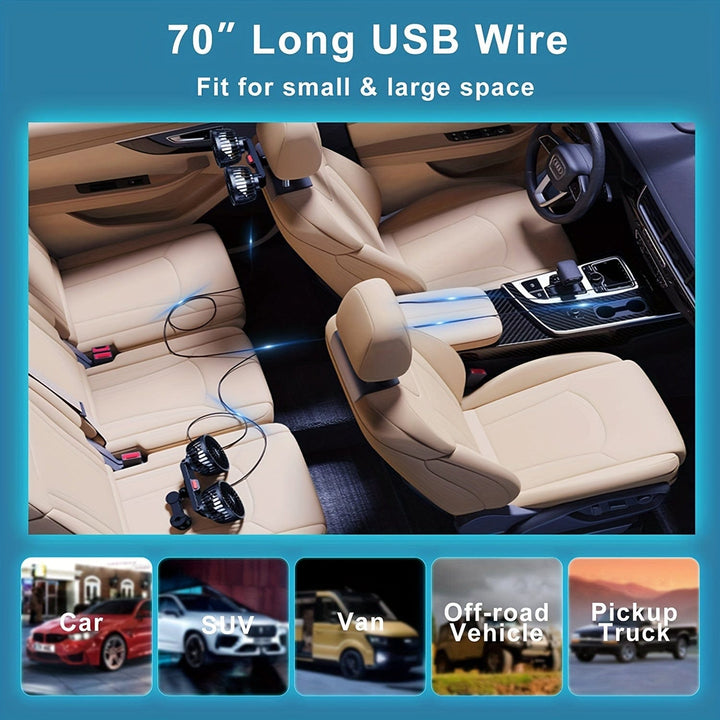 1pc Car Fan, Car Small Air Conditioner, Double-headed Rear Fan, Strong Wind, 360 Degrees Rotation, Large Air Volume, Subwoofer Operation, Base Fixed Clip Mounting Method, Suitable For Car Home | Kalsten