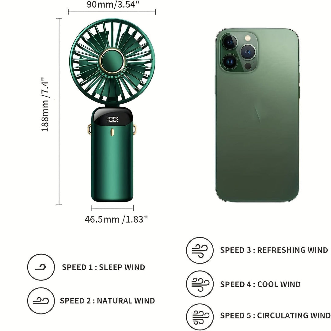 Portable Handheld Mini Fan USB Rechargeable with LED Display 5 Speeds 90° Foldable Battery Operated for Office Bedroom Outdoor Travel Camping Back to School Supplies | Kalsten