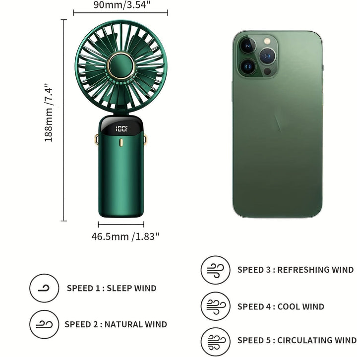 Portable Handheld Mini Fan USB Rechargeable with LED Display 5 Speeds 90° Foldable Battery Operated for Office Bedroom Outdoor Travel Camping Back to School Supplies | Kalsten