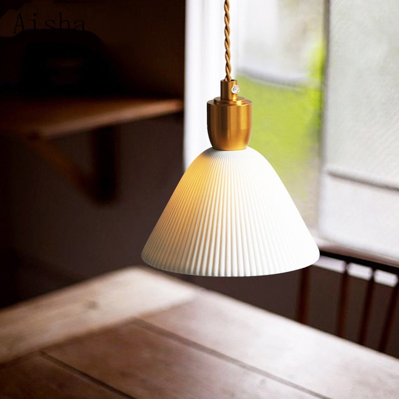 Retro Pleated Ceramic Brass Cocoon Pendant Lamp | Kalsten
