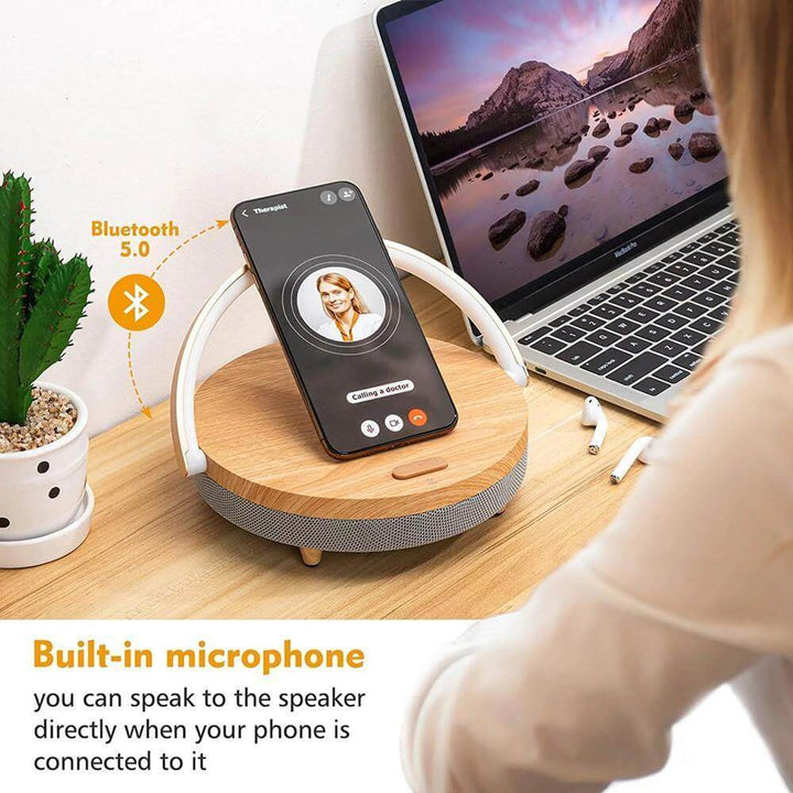 Wooden Base Wireless Charger Speaker Table Lamp | Kalsten
