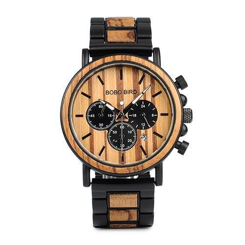 Kalsten | Wood and Stainless Steel Wooden Watch w/ Luminous Hands Mens Quartz Wristwatch
