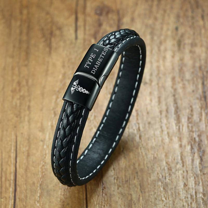 Kalsten | Mens Diabetic Medical Alert ID Bracelet - Stitched Black Leather - For Type 1 and Type 2 Diabetes