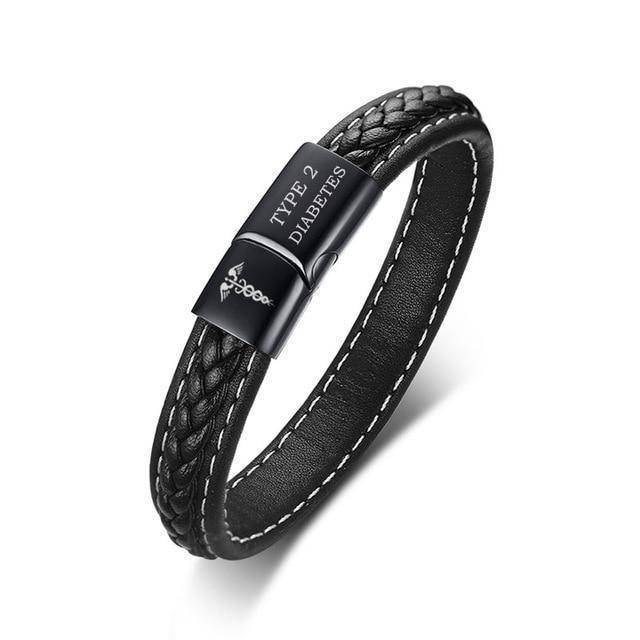 Kalsten | Mens Diabetic Medical Alert ID Bracelet - Stitched Black Leather - For Type 1 and Type 2 Diabetes