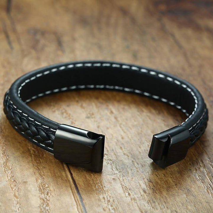 Kalsten | Mens Diabetic Medical Alert ID Bracelet - Stitched Black Leather - For Type 1 and Type 2 Diabetes