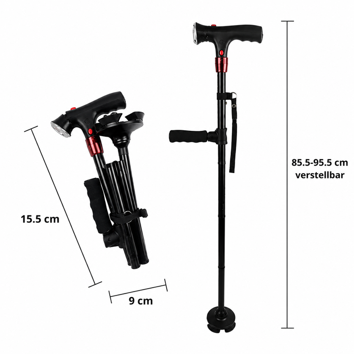 Kalsten | Foldable Walking Cane with LED Light | Height Adjustable | Anti-Slip Base | Alarm Function | Lightweight Aluminum