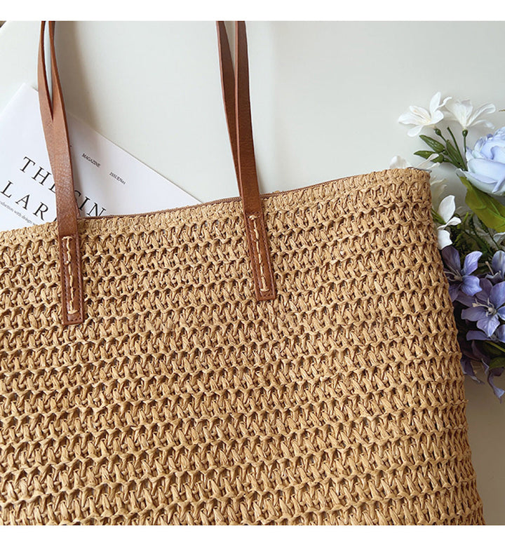 Kalsten | Rattan Woven Bag with Leather Straps - SummerBreeze Tote