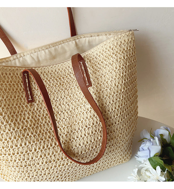 Kalsten | Rattan Woven Bag with Leather Straps - SummerBreeze Tote