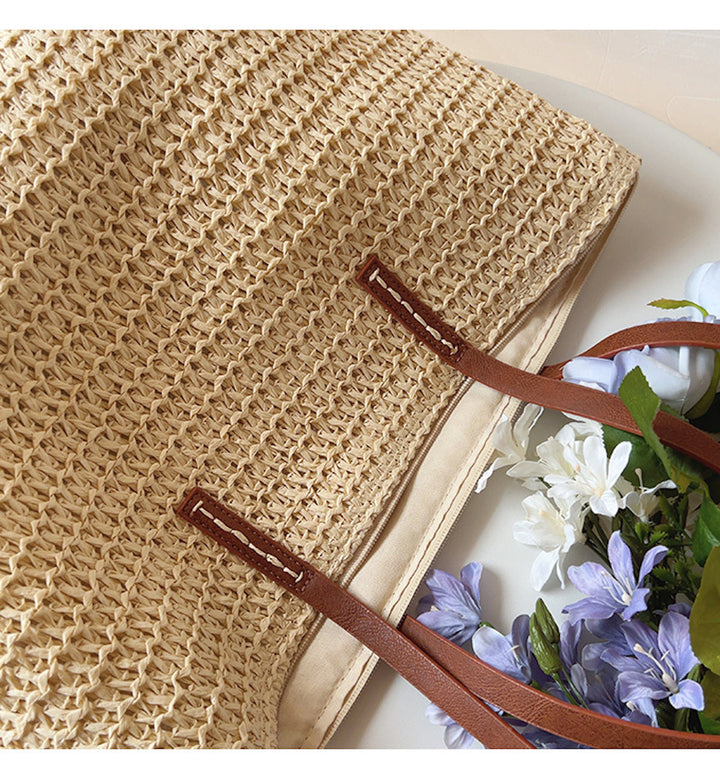 Kalsten | Rattan Woven Bag with Leather Straps - SummerBreeze Tote